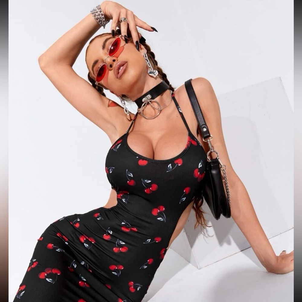Sexy Cherry Cut Out Side Halter Mini Dress Black & Red Medium Short Punk Shein